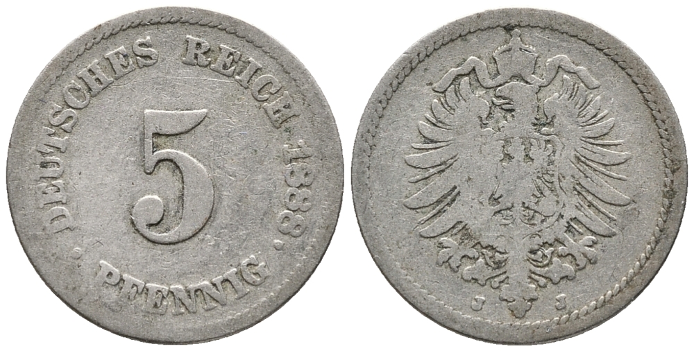 ГЕРМАНИЯ 5 ПФЕННИГОВ 1888 J, СТАРОГЕРБОВКА KM 3, J. 3 медно-никель 39-419