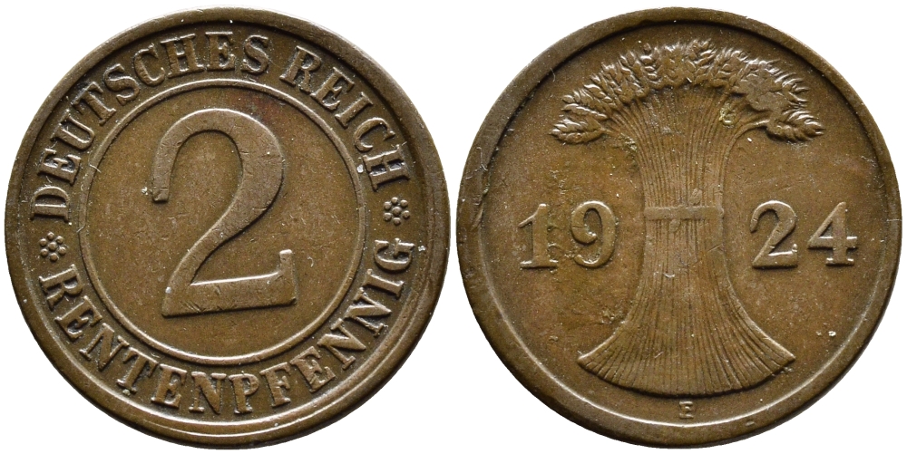 ГЕРМАНИЯ 2 РЕНТЕНПФЕННИГА 1924 E KM 31, J.307 бронза 4387-1134