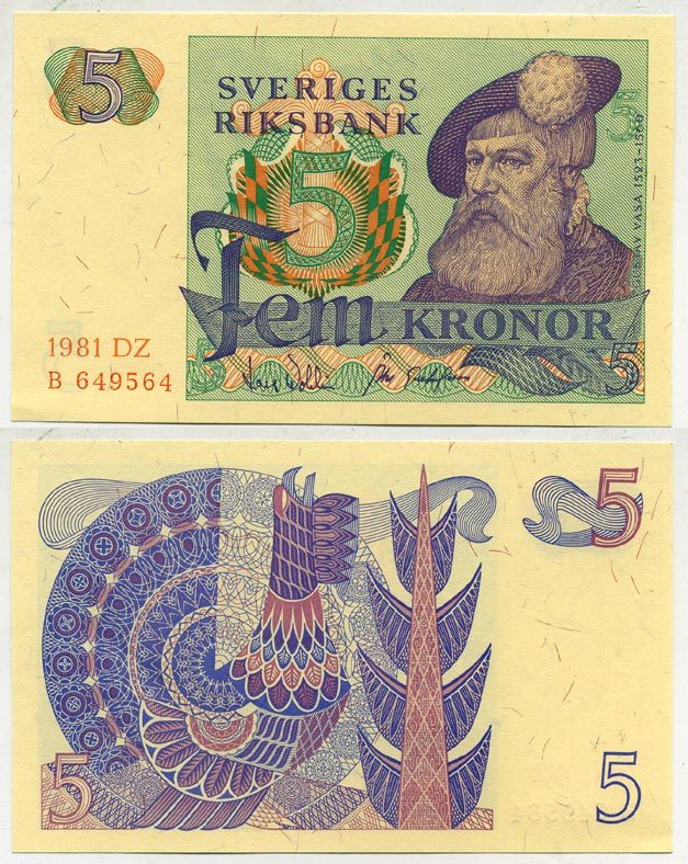 Швеция 5 крон 1981 DZ, Густав I Ваза Pick 51d бумага aUNC 444-2-2-1