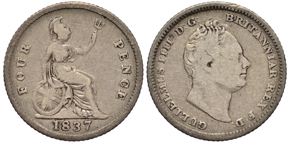 Великобритания 4 пенса (гроут) 1837 Вильгельм IV (1830-1837) КМ 723, Spink 3837 серебро 1520-1144
