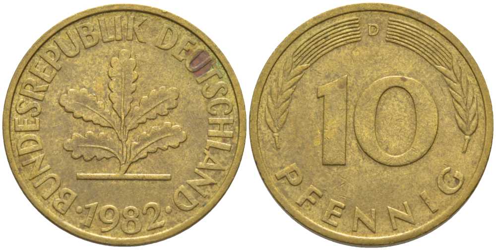 ФРГ 10 ПФЕННИГОВ 1982 D KM 108, J. 383 сталь плакированная латунью 175-751