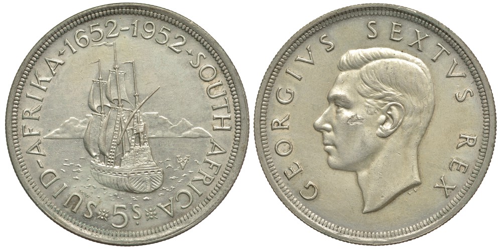 ЮАР 5 шиллингов 1952 Георг VI (1937-1952), 300 лет основания Кейптауна, парусник KM 41 серебро 603-141