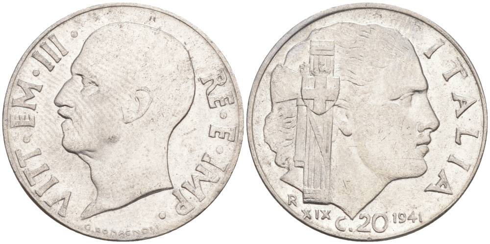 ИТАЛИЯ 20 ЧЕНТЕЗИМО 1941 R, ГОД XIX, ВИКТОР ЭММАНУИЛ III (1900-1946) KM 75b, VEM3. 1028 нержавеющая сталь 3853-943