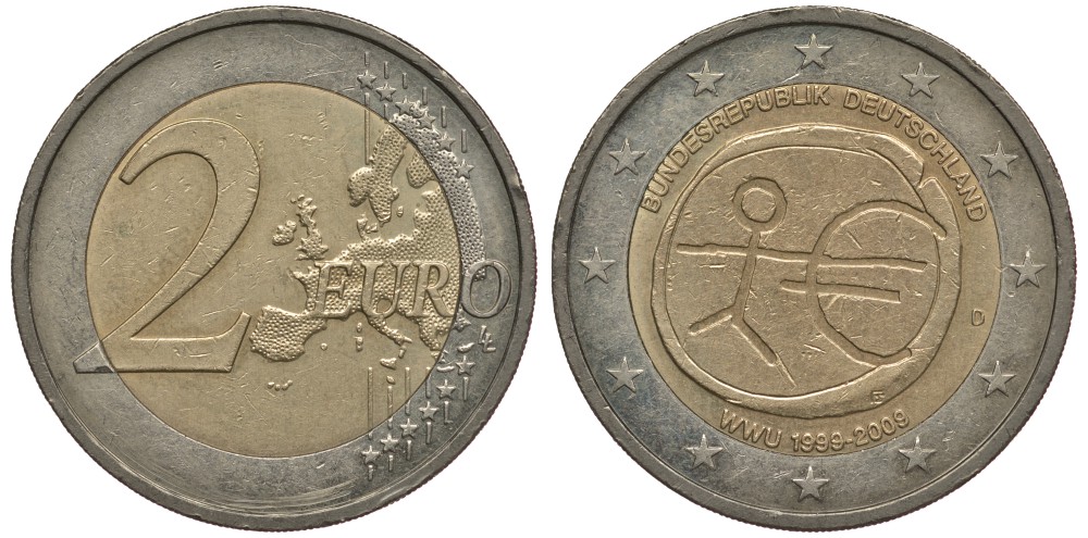 ФРГ 2 евро 2009 2009 D, 10 лет монетарной политики ЕС (EMU) и введения евро KM 277 биметалл 4397-145