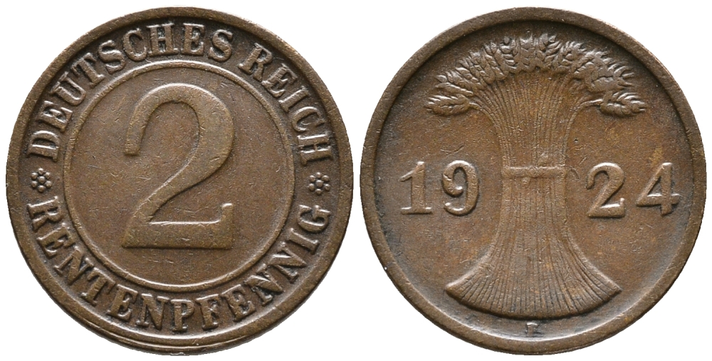 ГЕРМАНИЯ 2 РЕНТЕНПФЕННИГА 1924 F KM 31, J. 307 бронза 24-555