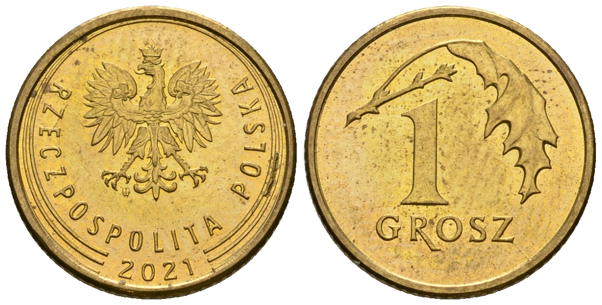 Польша 1 грош 2021 MW KM 923 сталь плакированная латунью 4585-124