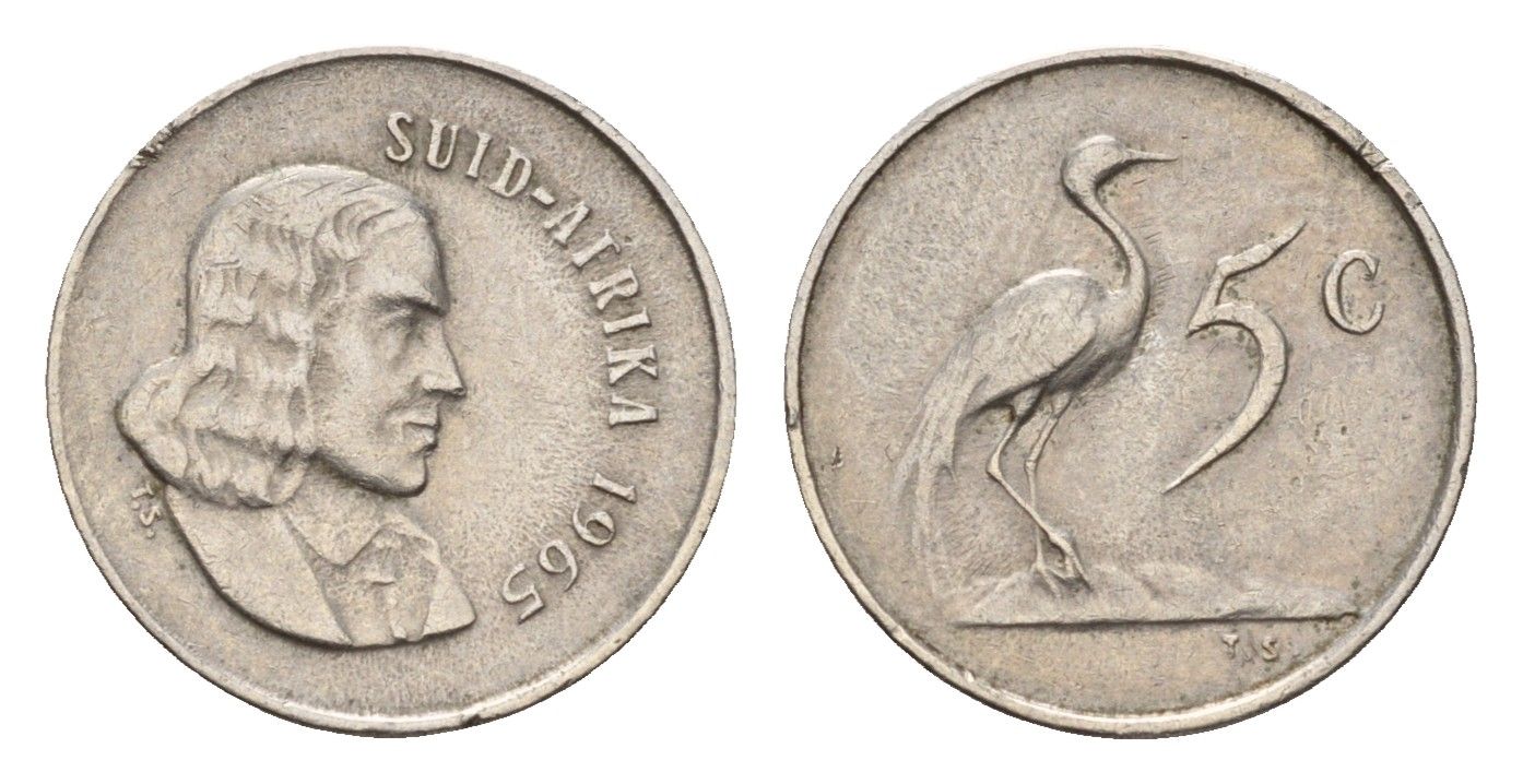 ЮАР 5 центов 1965 Ян ван Рибек (1619-1677), Suid Africa, легенда на африкаанс, райский журавль KM 67.2 медно-никель 4640-1117