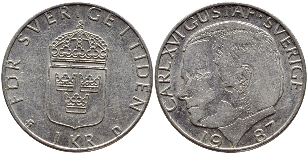 Швеция 1 крона 1987 Карл XVI Густав (1973- ) KM 852a медно-никель 4397-1213