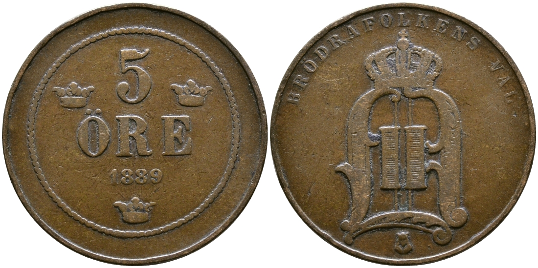 Швеция 5 эре 1889 Оскар II (1872-1907) король Швеции и Норвегии, малые цифры года KM 736 бронза 53-651