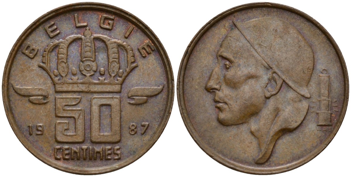 Бельгия 50 сантимов 1987 Belgie, Бодуэн I (1951-1993) KM 149 бронза 4154-1056