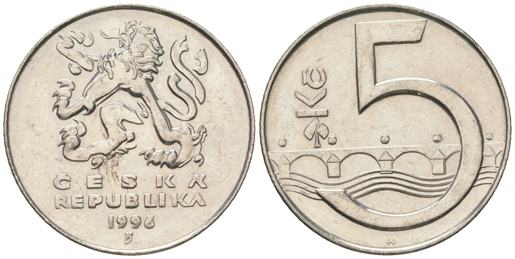 Чехия 5 крон 1993 чешский лев, Карлов мост KM 8 сталь плакированная никелем 60-732