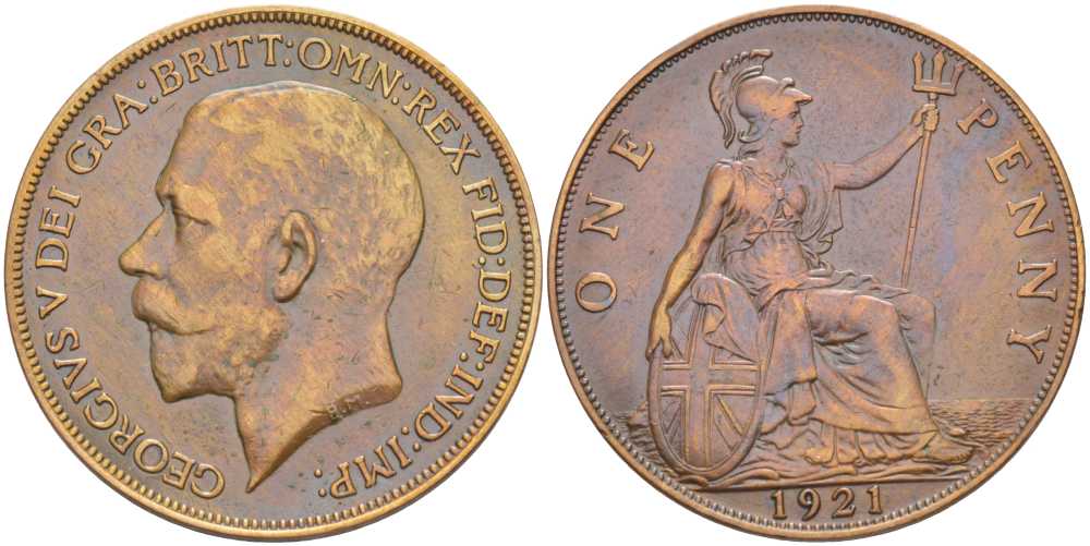 Великобритания 1 пенни 1921 Георг V (1910-1936) KM 810, Spink 4051 бронза 180-121
