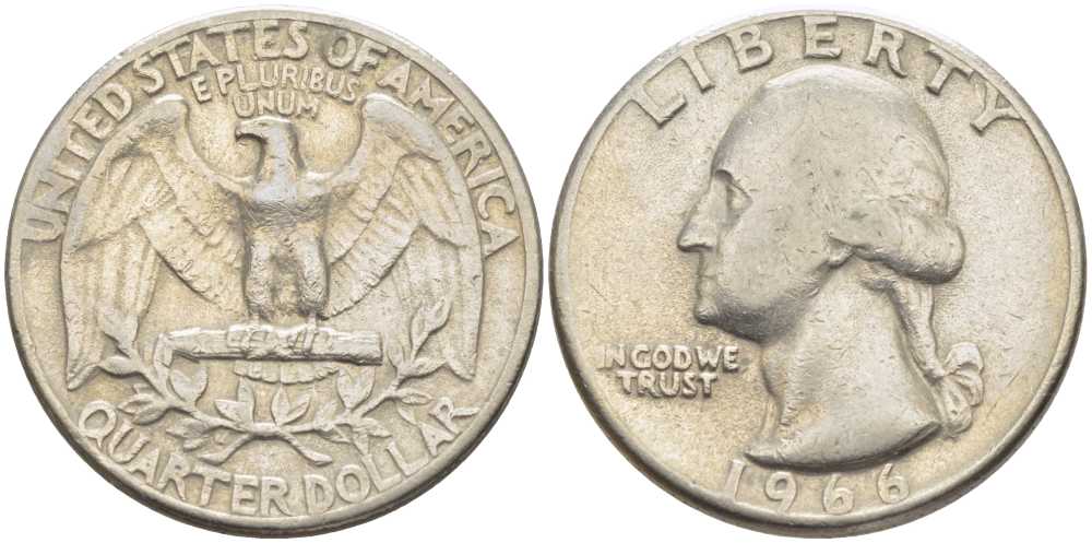 США 25 центов (квотер) 1966 Вашингтон KM 164а медь плакированная медно-никелем 117-254