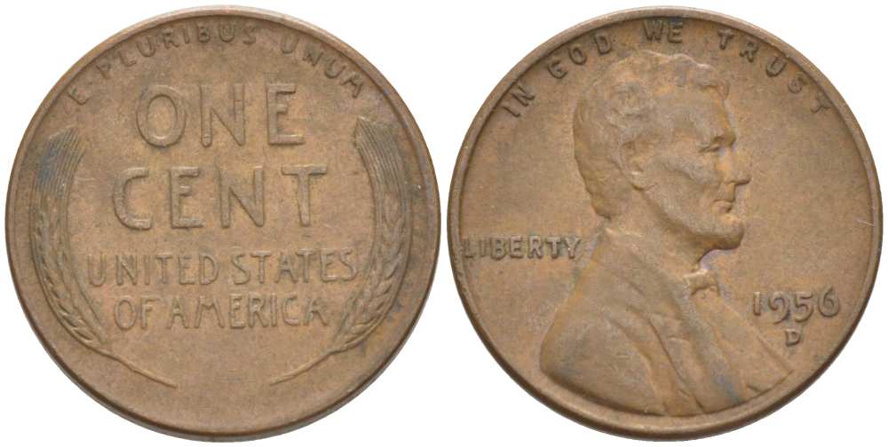 США 1 ЦЕНТ 1956 D, ЛИНКОЛЬН KM А132 медь цинк 3309-1158