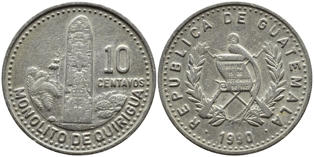 Гватемала 10 сентаво 1990 монолиты Киригуа KM 277.5 медно-никель 4390-111