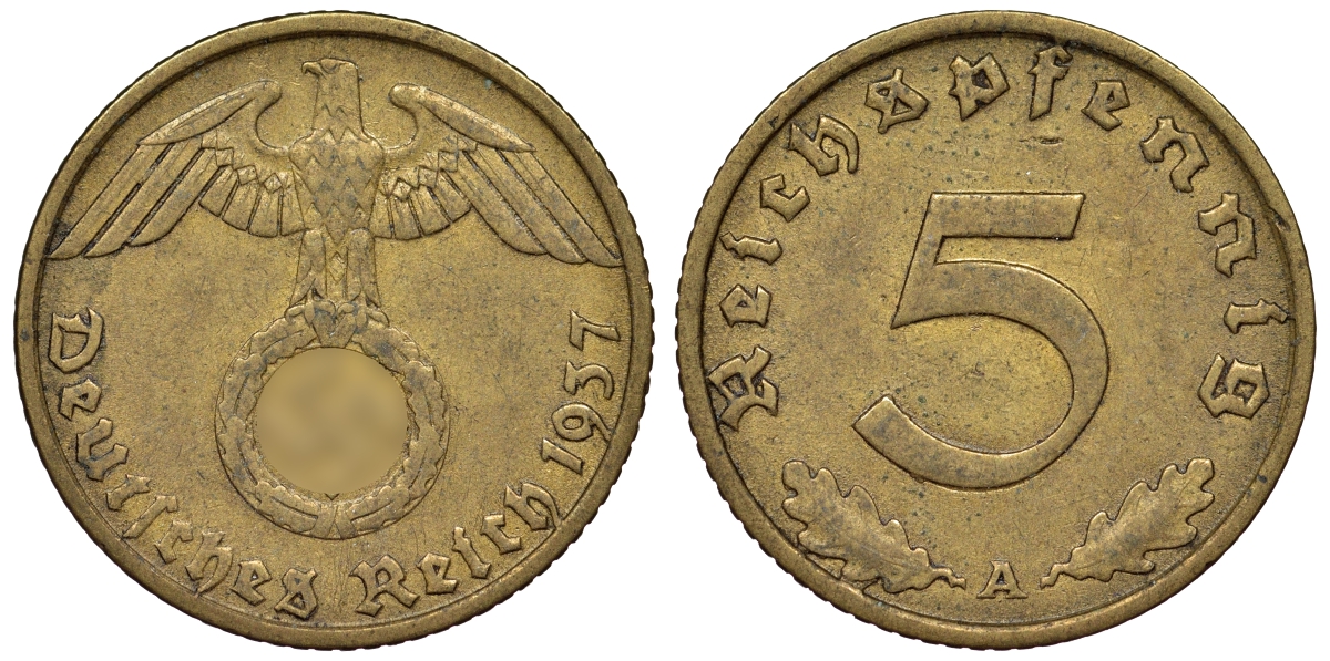 Германия 5 рейхспфеннигов 1937 A KM 91, J. 363 алюминиевая бронза 4121-647