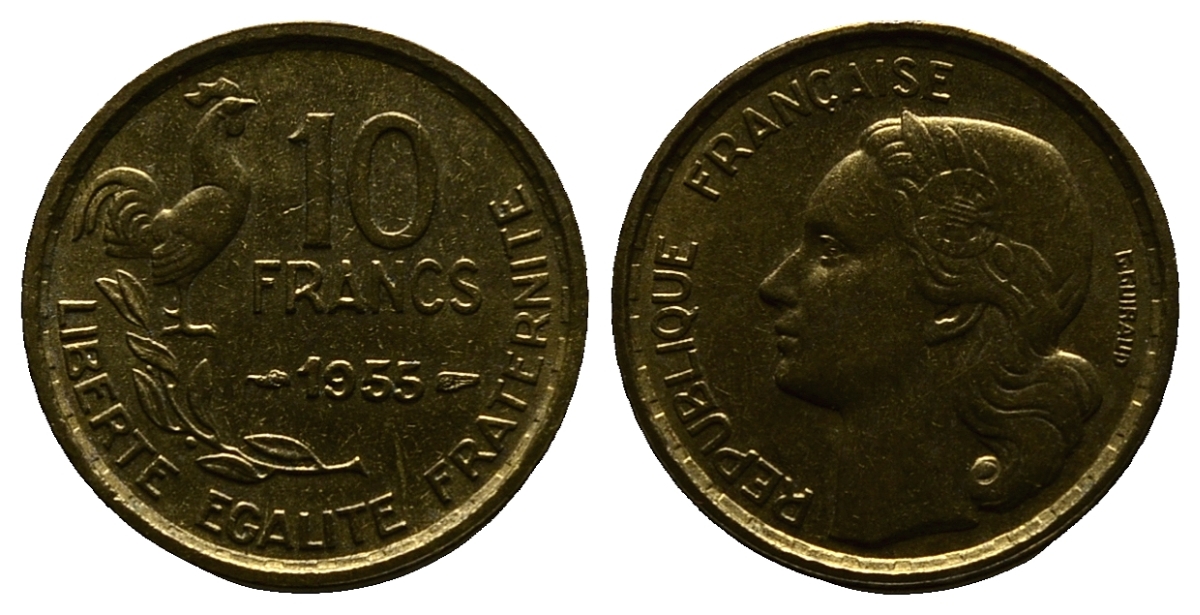 ФРАНЦИЯ 10 ФРАНКОВ 1955 KM 915.1 алюминиевая бронза 261-753