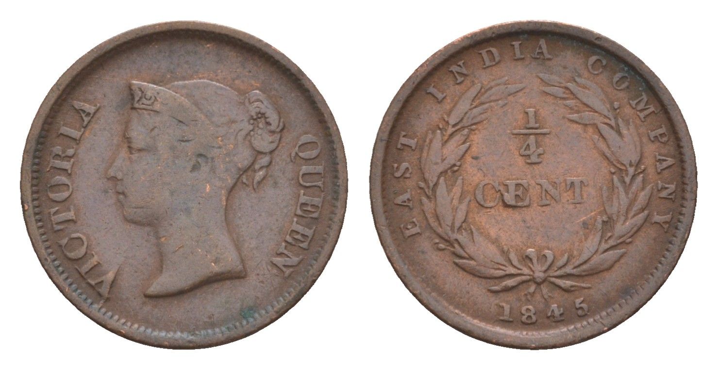 Стрейтс-Сетлментс (Стрейтс Сетлментс) 1/4 цента 1845 Виктория (1837-1901), год-тип KM 1 медь 5010-335