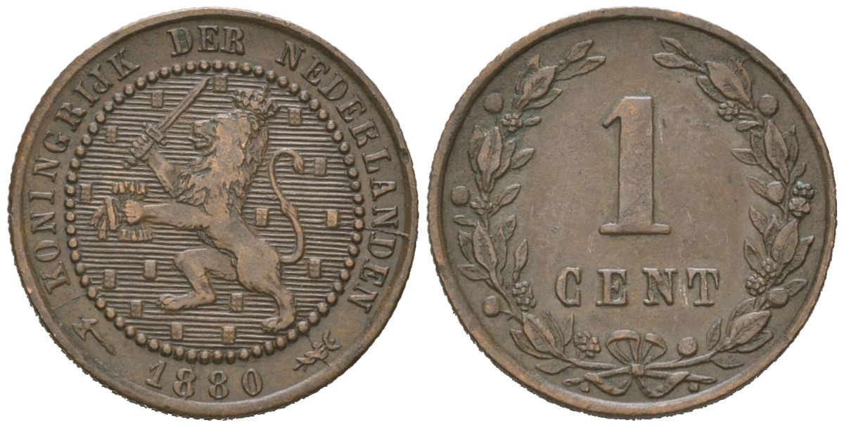 Нидерланды 1 цент 1880 Виллем III (1849-1890) KM 107 бронза 4154-418