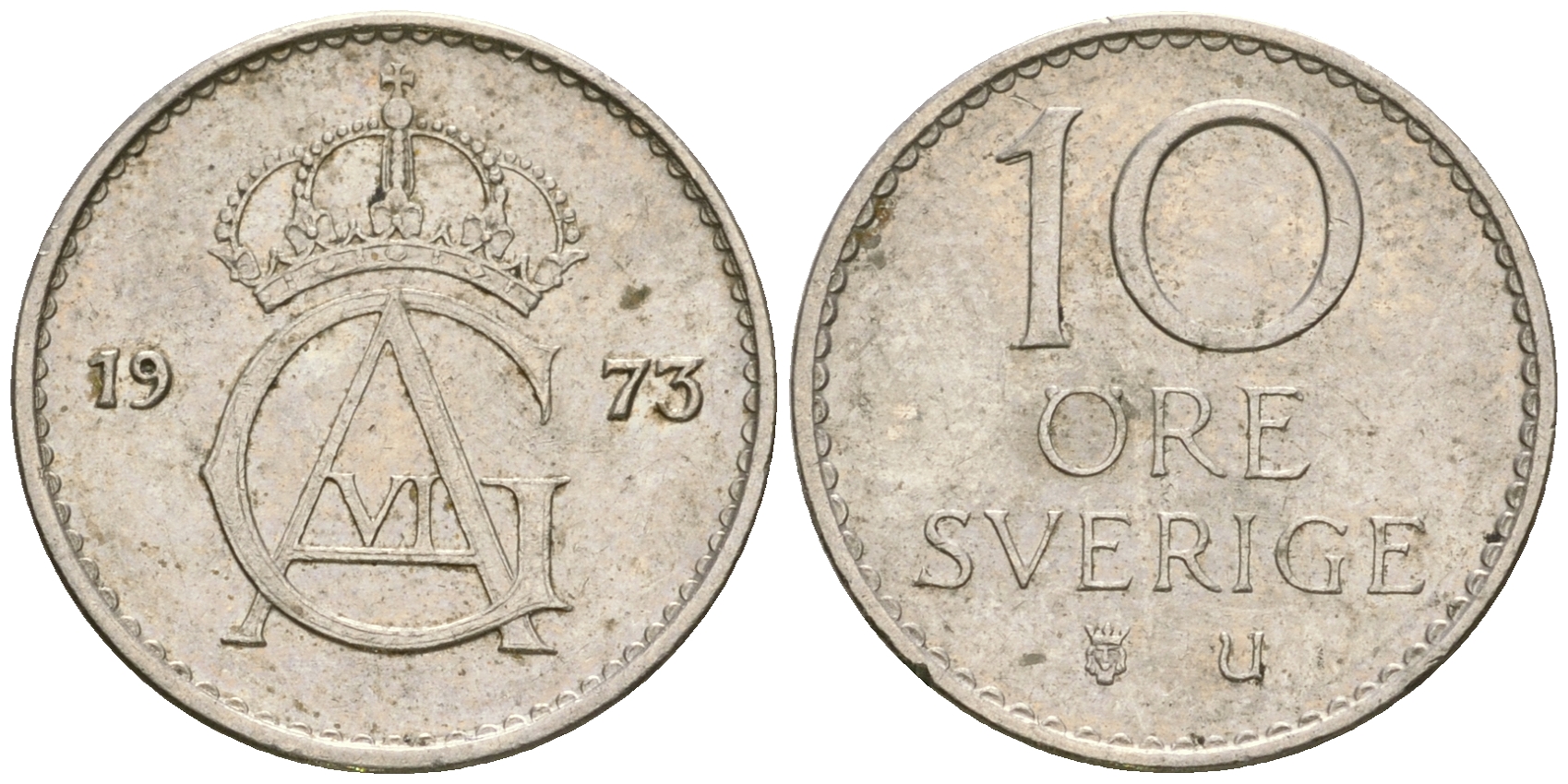 Швеция 10 эре 1973 U, Густав VI Адольф (1950-1973) KM 835 медно-никель 4364-3616