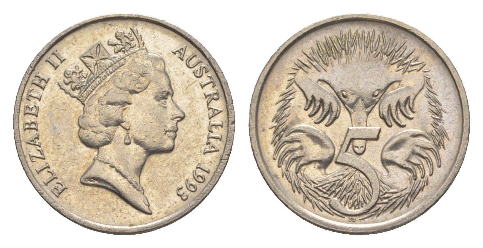 Австралия 5 центов 1993 Елизавета II (1952-2022), ехидна KM 80 медно-никель UNC 4154-137