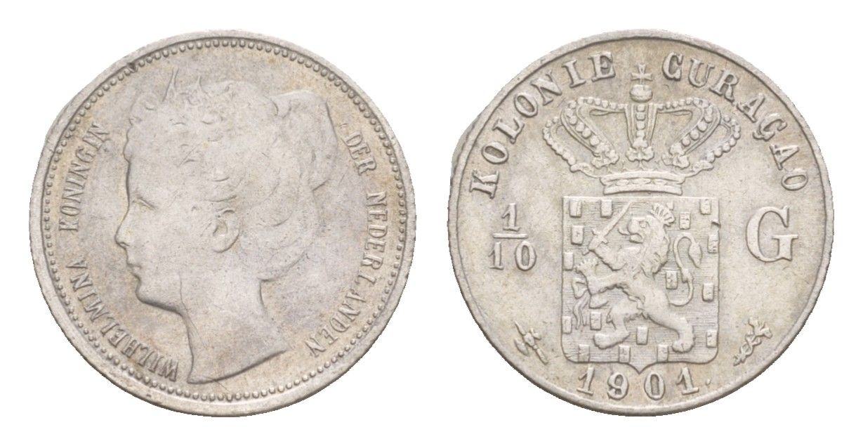 Нидерландское Кюрасао 1/10 гульдена 1901 Вильгельмина, год-тип KM 36 серебро 1518-511