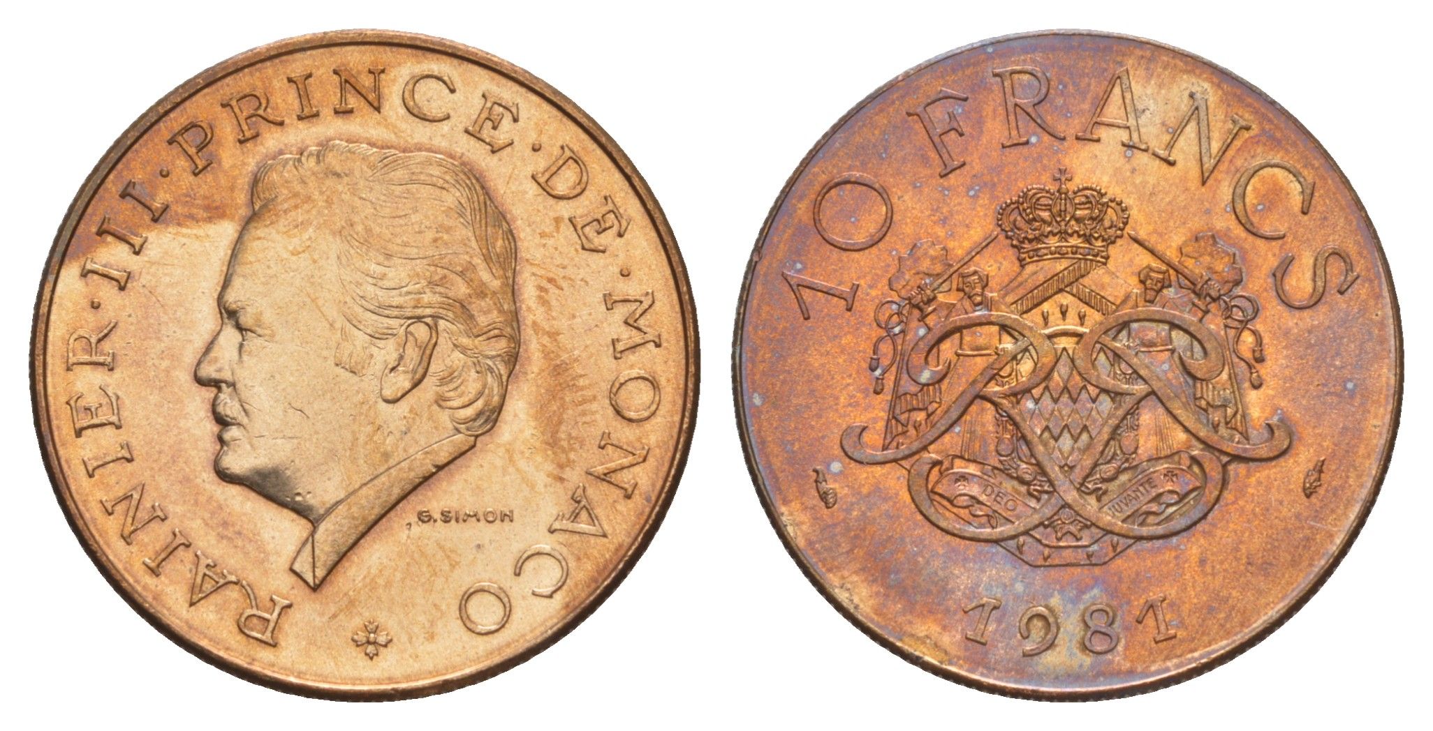 Монако 10 франков 1981 Ренье III KM 154 медь алюминий никель UNC 4637-231