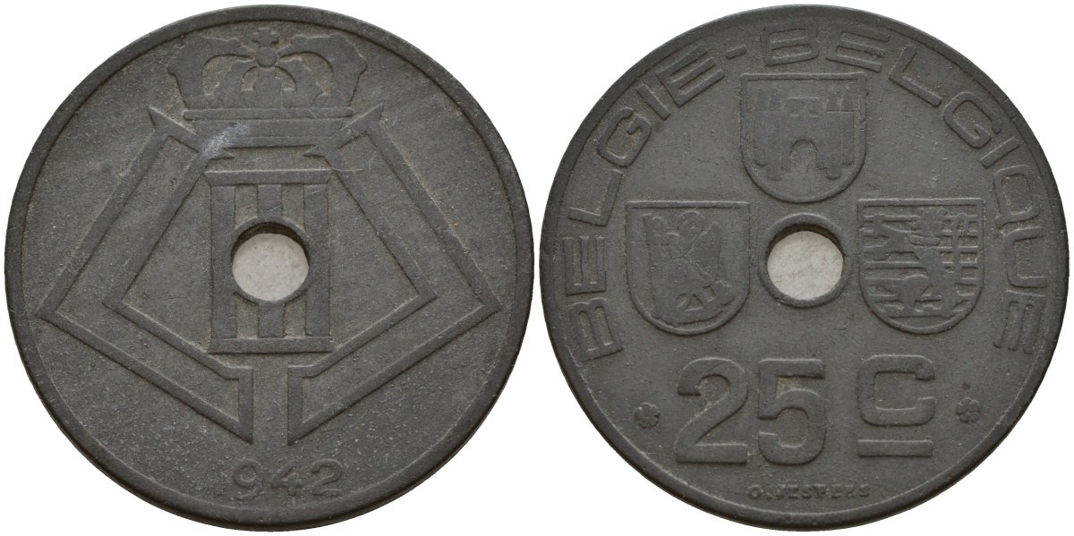 Бельгия 25 сантимов 1942 Belgie - Belgique, Леопольд III (1934-1947), германская оккупация, Вторая мировая война KM 132 цинк 4157-531