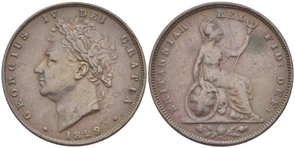 Великобритания 1 фартинг 1829 Георг IV (1820-1830) KM 697, Spink 3825 медь 4543-822