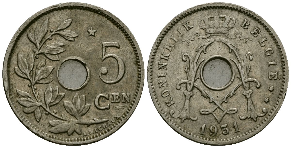Бельгия 5 сантимов 1931 Belgie KM 67 медно-никель 4173-334