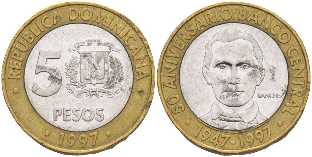 Доминиканская республика 5 песо 1997 50 лет центральному банку KM 88 биметалл 4541-1051