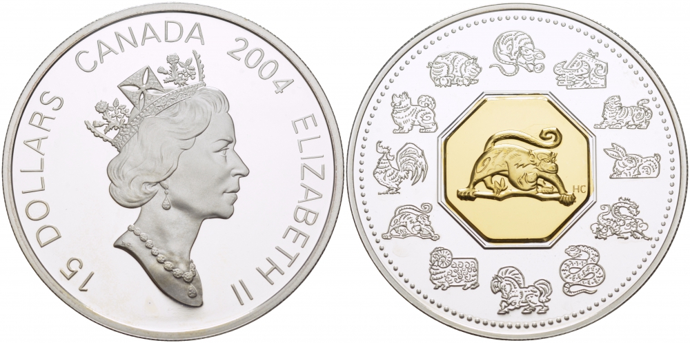 Канада 15 долларов 2004 Лунный календарь, год обезьяны, золотая вставка, KM 610 серебро позолота PROOF 1082-2-63