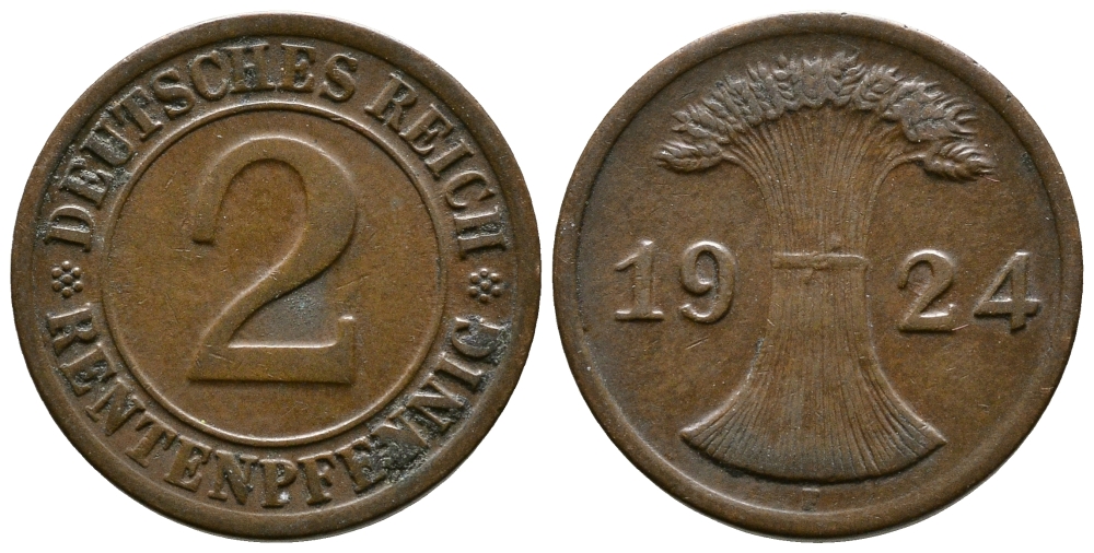 ГЕРМАНИЯ 2 РЕНТЕНПФЕННИГА 1924 F KM 31, J.307 бронза 86-1437