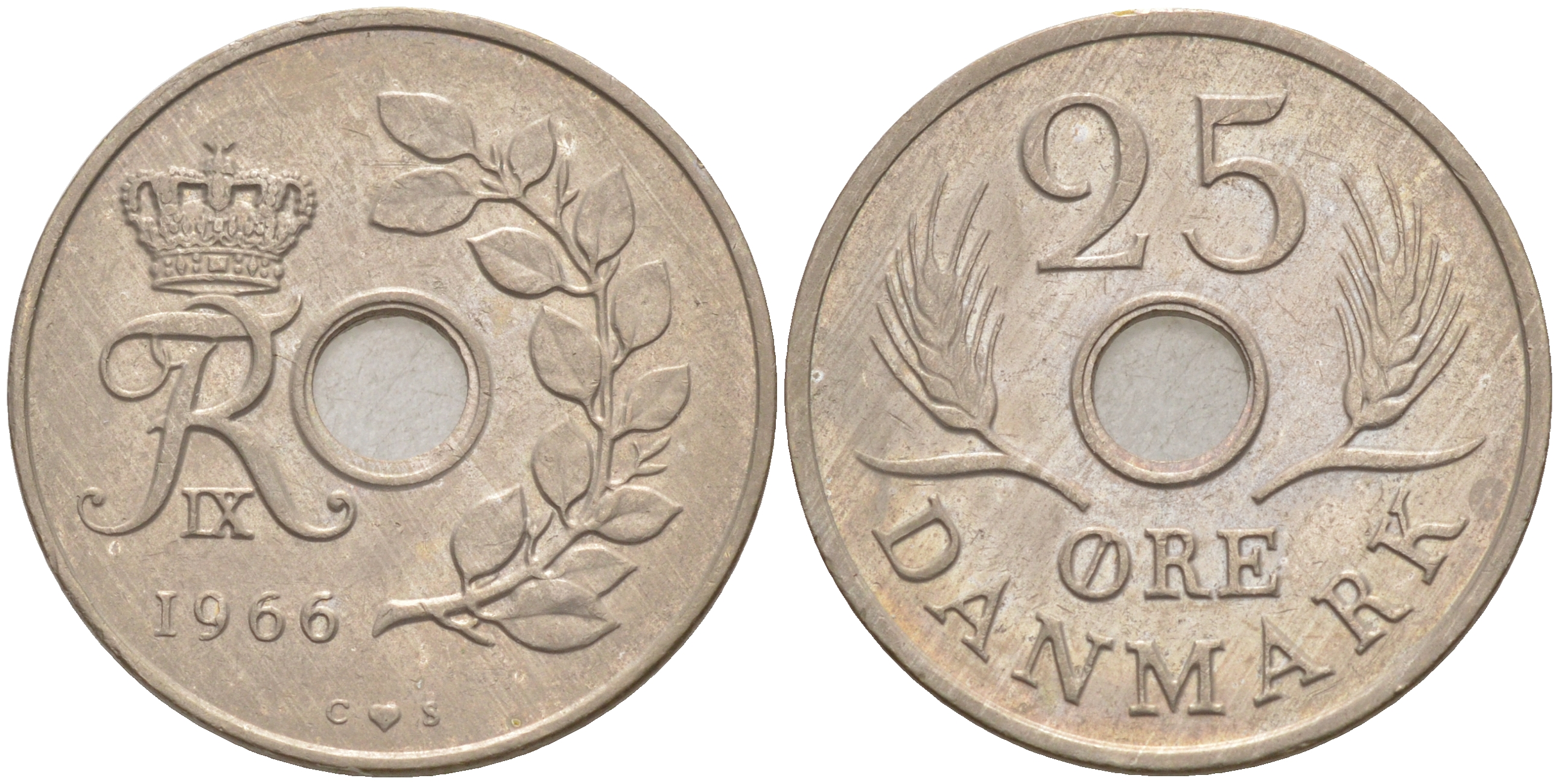 ДАНИЯ 25 ЭРЕ 1966 С; S, ФРЕДЕРИК IX (1947-1972) KM 855.1 медно-никель UNC 106-231