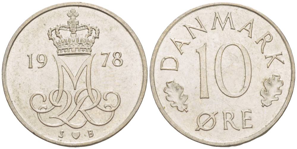 ДАНИЯ 10 ЭРЕ 1978 S; B, МАРГРЕТЕ II (1972-) KM 860.1 медно-никель 4551-144