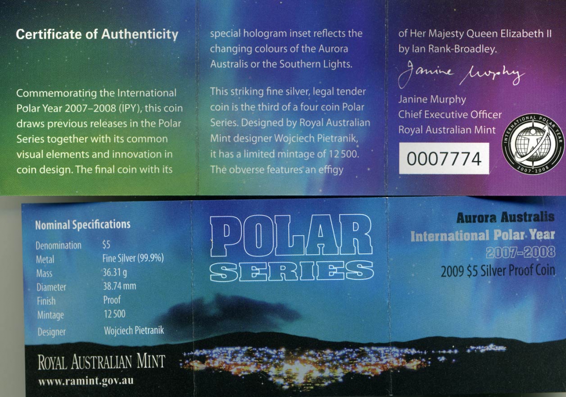 Австралия 5 долларов 2009 Международный полярный год 2007-2008, австралийское северное сияние, голограмма KM 1081 серебро PROOF 4-3-3-07
