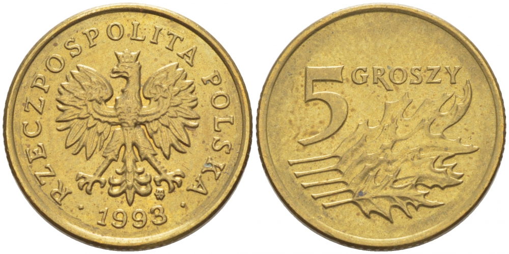 ПОЛЬША 5 ГРОШЕЙ 1993 MW KM 278 латунь 112-1164