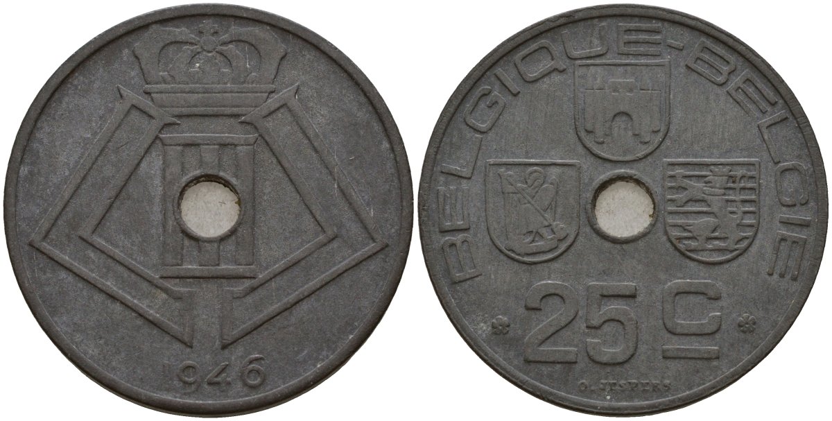Бельгия 25 сантимов 1946 Belgique - Belgie, Леопольд III (1934-1947), германская оккупация, Вторая мировая война KM 131 цинк 4157-521