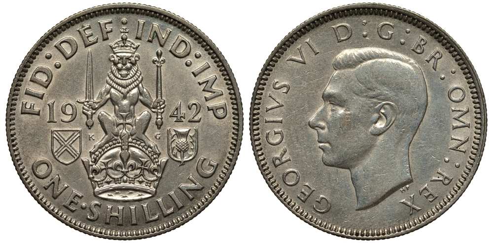 Великобритания 1 шиллинг 1942 Георг VI (1936-1952), Шотландский герб KM 854, Spink 4083 серебро 117-1151