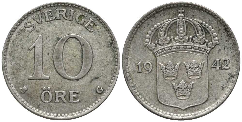 Швеция 10 эре 1942 G, Густав V (1907-1950) КМ 780 серебро 201-1064