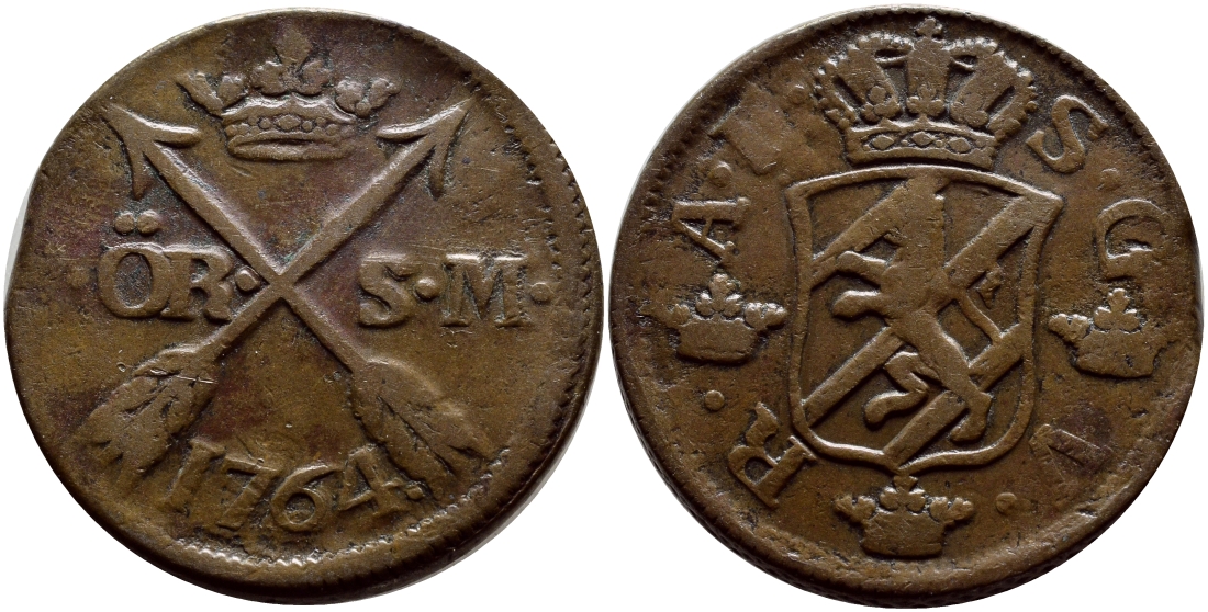 Швеция 2 эре 1764 DOT AFTER V. S.G.-V Адольф Фредерик (1751-1771) KM 461 медь 1528-845