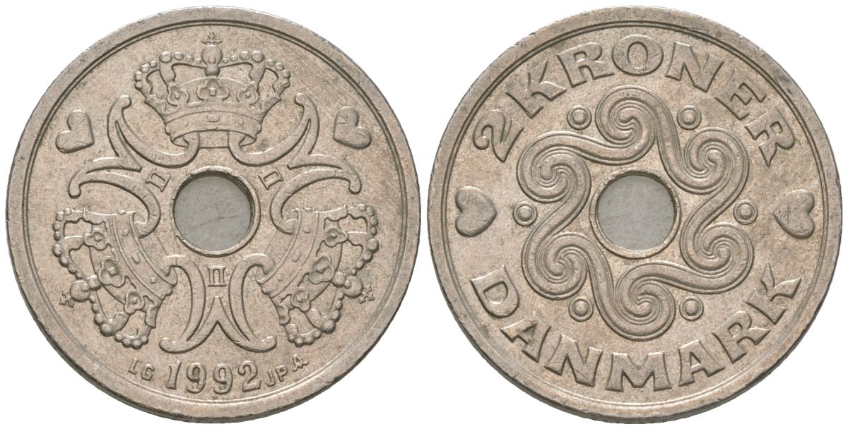 Дания 2 кроны 1992 сердце LG, Маргрете II (1972-) KM 874 медно-никель 4561-622