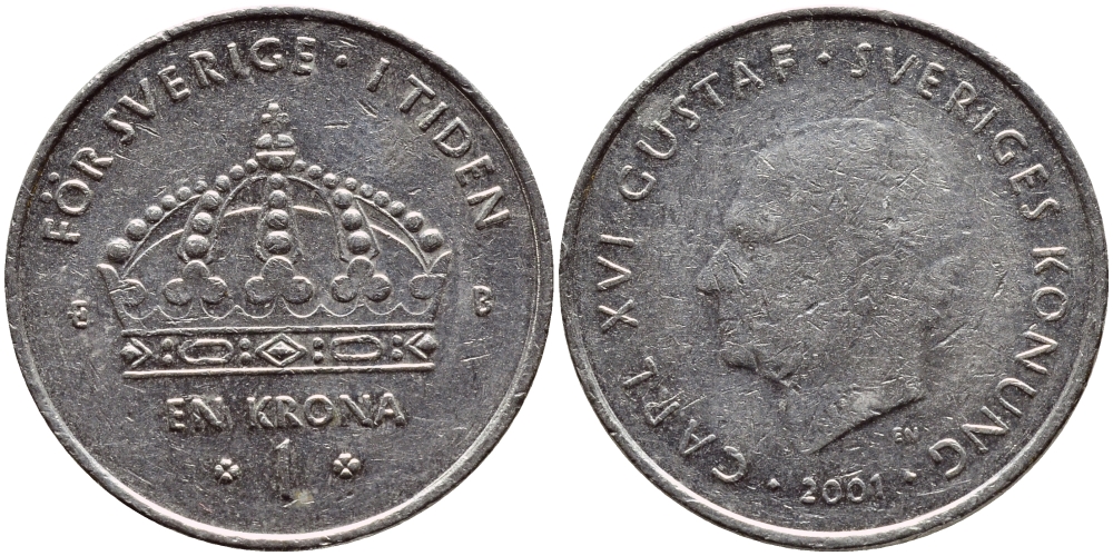 Швеция 1 крона 2001 Карл XVI Густав (1973- ) KM 894 медно-никель 4364-2616