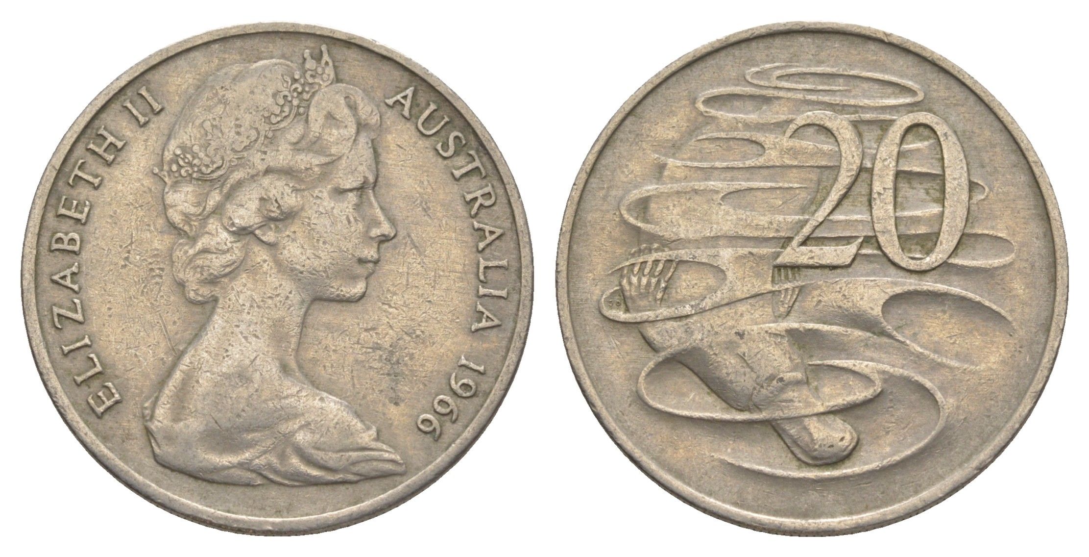Австралия 20 центов 1966 Елизавета II (1952-2022), утконос KM 66 медно-никель 4384-551