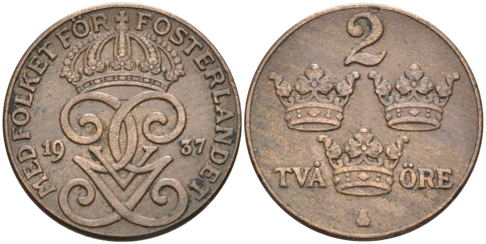 Швеция 2 эре 1937 Густав V (1907-1950) KM 778 бронза 67-1035