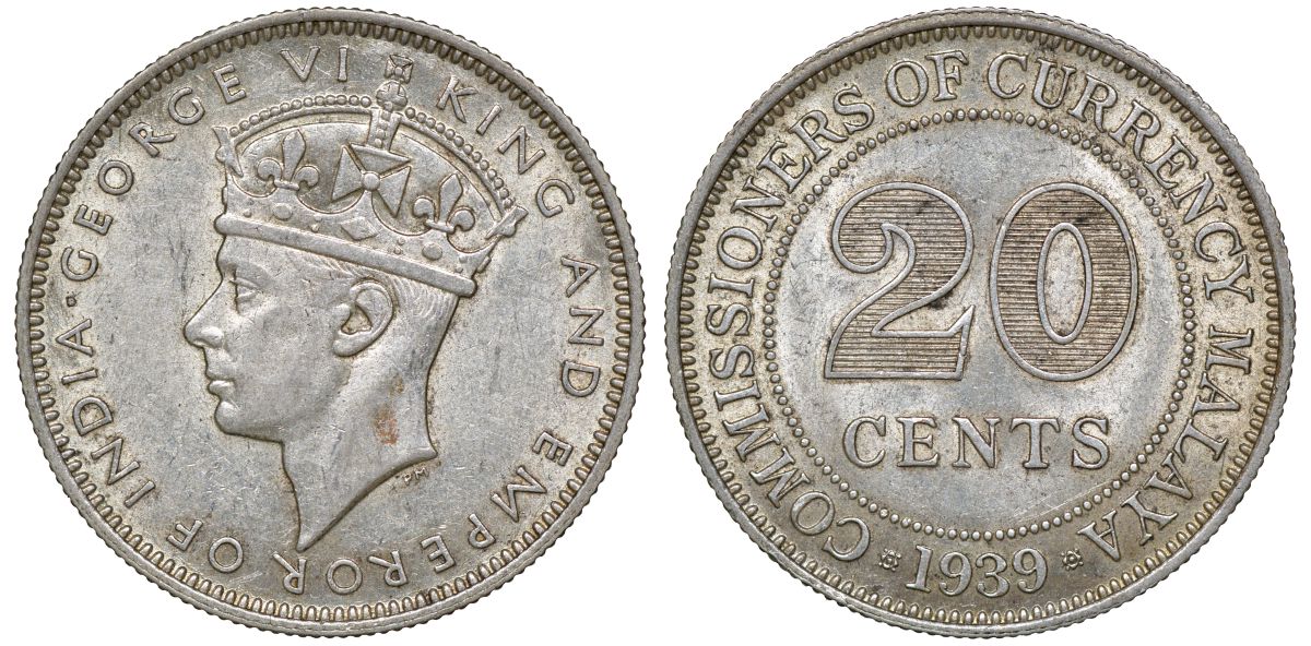 Британская Малайя 20 центов 1939 Георг VI (1937-1952) KM 5 серебро 53-356