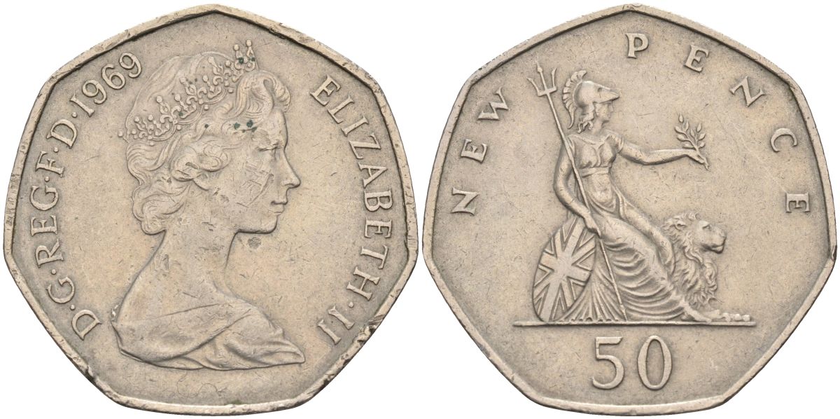 Великобритания 50 пенсов 1969 Елизавета II (1952-2022) KM 913, Spink 4223 (H1) медно-никель 4117-933