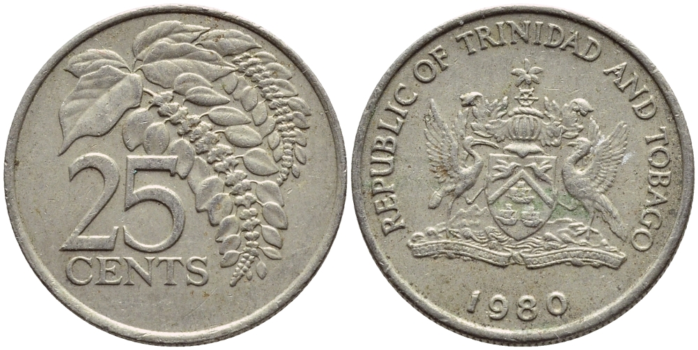 Тринидад и Тобаго 25 центов 1980 цветок дикая пуансеттия KM 32 медно-никель 4396-748
