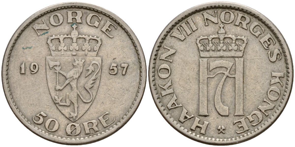 Норвегия 50 эре 1957 Хокон VII (1905-1957) KM 402 медно-никель 4152-458