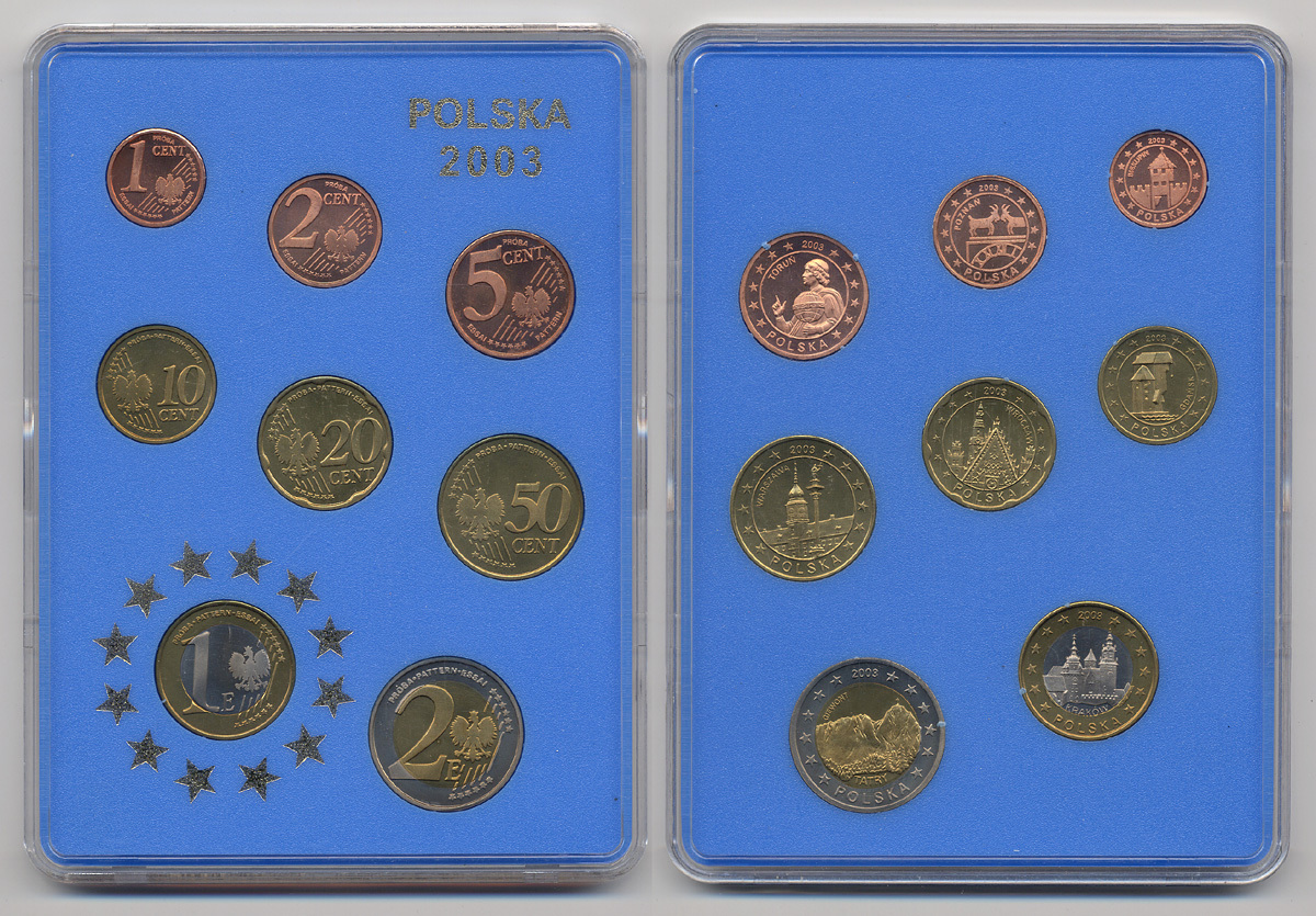 Польша набор из 8 монет 2003 Европробники, планшет, буклет, тираж 2000 экз.    UNC  1-6-2-25